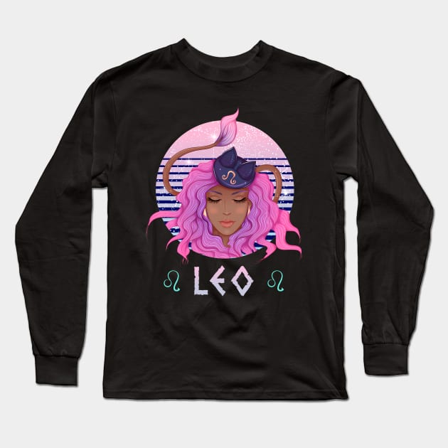 Retro Leo Zodiac Long Sleeve T-Shirt by NatalitaJK